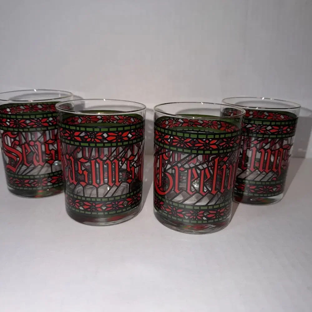 Set 4 Houze Merry Christmas Double Old Fashioned Glasses Stained Glass MCM